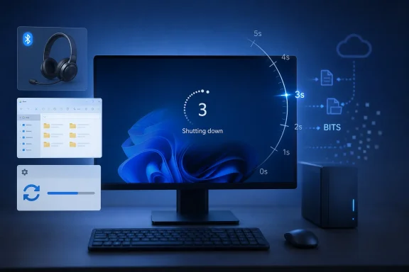 Computer screen shows “Shutting down” with a 0–5s countdown, alongside headset and cloud/BITS graphics.