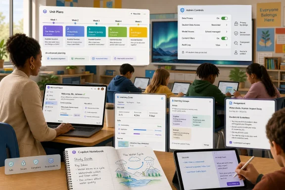 Teacher and students in a classroom review AI-assisted unit plans and privacy controls on laptops and tablets.