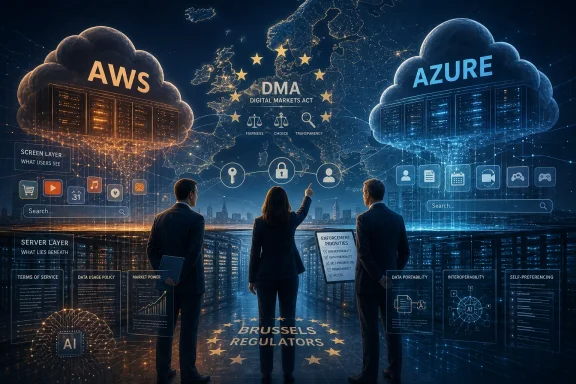 Two people view cloud-based dashboards for AWS, Azure, and EU digital market regulation in Brussels. Two people view cloud-based dashboards for AWS, Azure, and EU digital market regulation in Brussels.