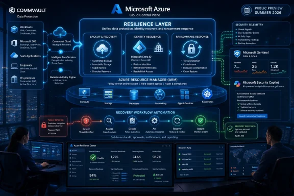Infographic showing Microsoft Azure cloud resilience layers for backup, identity, and ransomware response with security telemetry.
