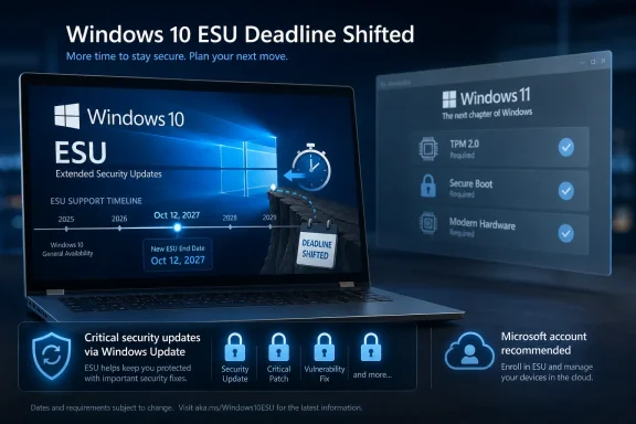 Promotional graphic for “Windows 10 ESU Deadline Shifted,” showing a laptop and security/requirements timeline.
