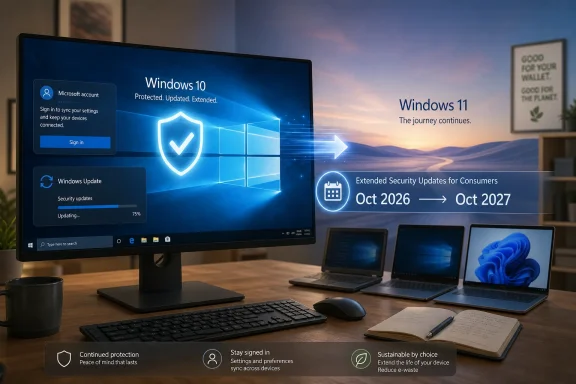 Office desktop screens show Windows 10 to Windows 11 upgrade with security shield and extended updates timeline.
