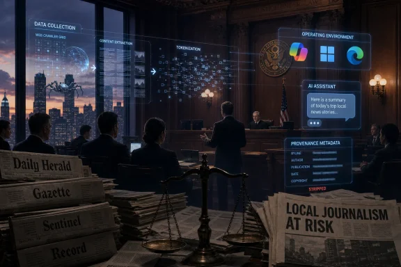 A courtroom scene with holographic data pipelines showing AI-driven news processing and provenance metadata.
