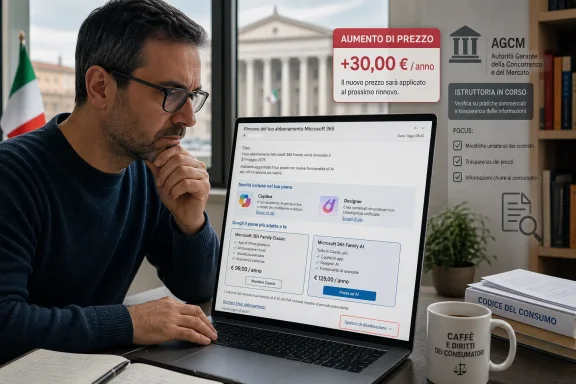 Uomo pensieroso al laptop con notifica “Aumento di prezzo +30,00 €/anno” dell’AGCM.