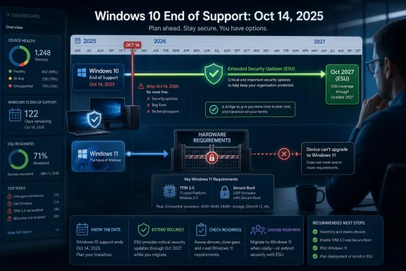 IT dashboard infographic showing Windows 10 end-of-support on Oct 14, 2025 with ESU plan to Oct 2027.