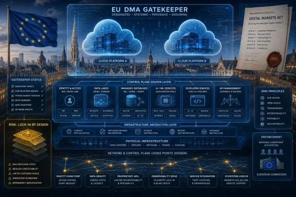 EU “DMA Gatekeeper” cybersecurity diagram over a European city skyline with clouds, data platforms, and regulations. EU “DMA Gatekeeper” cybersecurity diagram over a European city skyline with clouds, data platforms, and regulations.