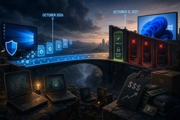 Futuristic cybersecurity scene with a secure boot module, shield icons, and date overlays against a city skyline.