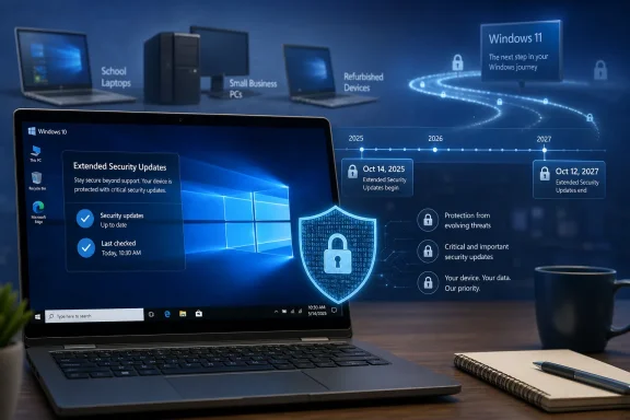 Laptop display shows Windows 10 Extended Security Updates with a timeline and cybersecurity shield graphic.