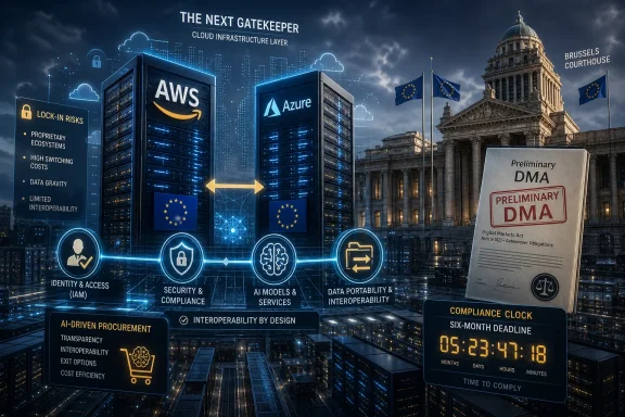 Tech-themed graphic shows AWS and Azure cloud infrastructure, EU flags, and Brussels DMA compliance clock. Tech-themed graphic shows AWS and Azure cloud infrastructure, EU flags, and Brussels DMA compliance clock.