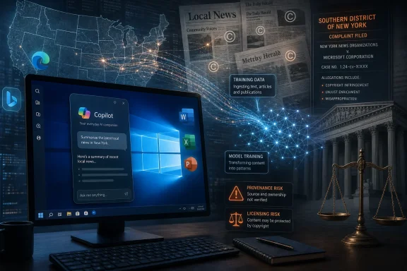 Futuristic office scene showing an AI Copilot on a monitor with news, training data, and legal risk visuals.