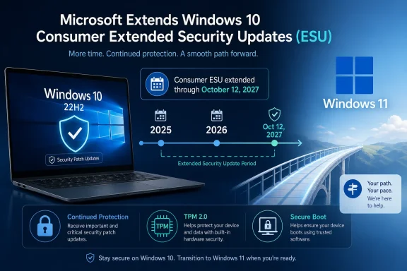 Microsoft ESU graphics showing Windows 10 extended security updates through Oct 12, 2027 and transition to Windows 11.