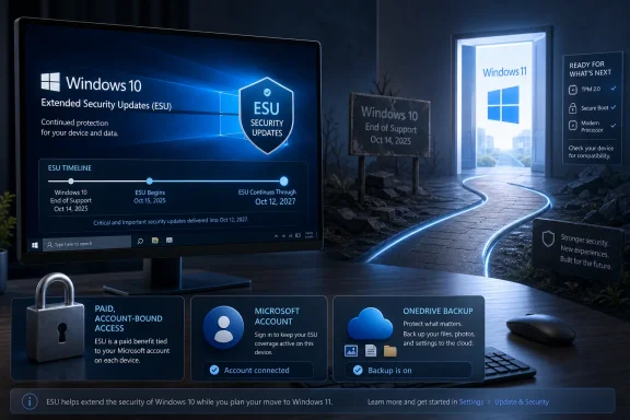 Futuristic office scene showing Windows 10 ESU security updates and migration to Windows 11 on a monitor.