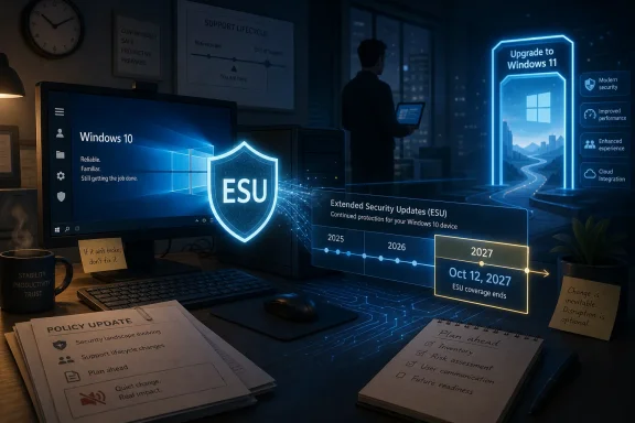 Office computer display showing Windows 10 ESU upgrade to Windows 11 with cybersecurity icons and timeline. Office computer display showing Windows 10 ESU upgrade to Windows 11 with cybersecurity icons and timeline.