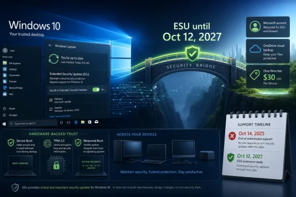Windows 10 Extended Security Updates banner showing ESU ends Oct 12, 2027 and $30 per device fee. Windows 10 Extended Security Updates banner showing ESU ends Oct 12, 2027 and $30 per device fee.