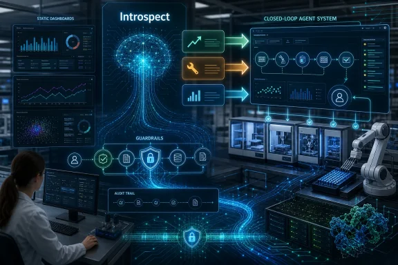 AI/robotics control room visualizing introspect, closed-loop agent system, and cybersecurity guardrails in holographic dashboards.
