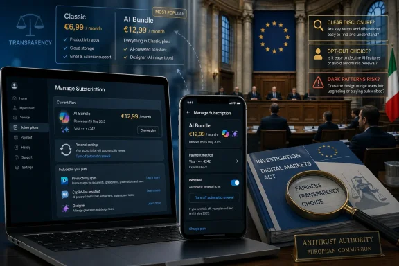 Laptop and smartphone show an “AI Bundle” subscription management interface beside EU antitrust transparency documents.