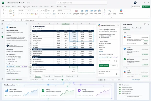 Microsoft Excel shows a 5-year enterprise financial forecast with a Copilot change-reconciliation panel.