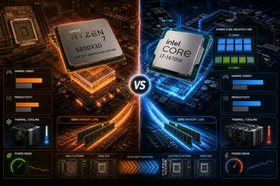 AMD Ryzen 7 5800X3D vs Intel Core i7-14700K CPU comparison with futuristic circuit visuals.