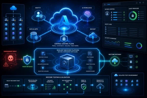 Secure cloud control dashboard showing identity, AI workloads, access control, ransomware mitigation, and verified recovery.