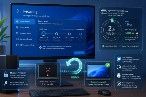 PC recovery and system protection UI shown on a monitor with restore points and storage usage.