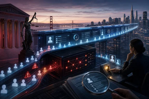 Woman at a courthouse balcony reviews glowing AI surveillance dashboards over San Francisco skyline.