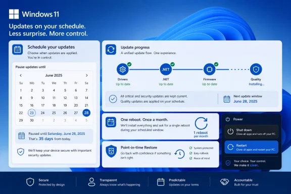 Windows 11 update scheduling screen showing progress, calendar dates, restore and power options.