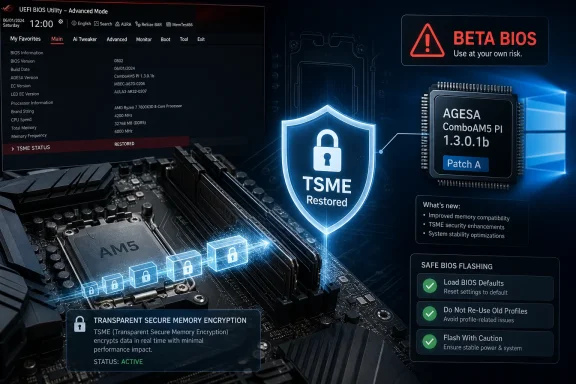 UEFI BIOS Advanced Mode screen showing AMD AGESA ComboAM5 PI 1.3.0.1b and TSME status restored.