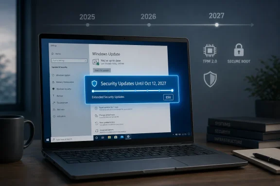 Laptop screen shows Windows Update security status: Security Updates until Oct 12, 2027. Laptop screen shows Windows Update security status: Security Updates until Oct 12, 2027.