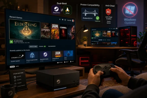 Player holding a controller while SteamOS dual-boot settings and game tiles appear on monitors, with a Radeon PC nearby.