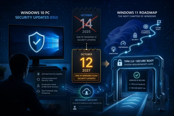 Digital infographic showing Windows 10 ESU ending and Windows 11 roadmap with secure boot/TPM 2.0. Digital infographic showing Windows 10 ESU ending and Windows 11 roadmap with secure boot/TPM 2.0.
