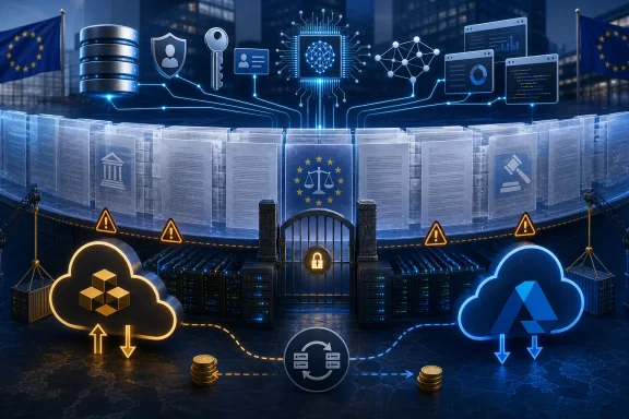 EU data center security concept with cloud encryption, warning icons, and digital network connections. EU data center security concept with cloud encryption, warning icons, and digital network connections.