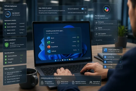 Person using a laptop showing software deployment and AI assistant status dashboards.