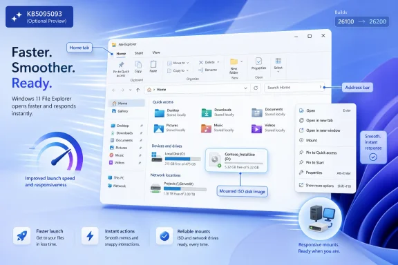 Windows 11 File Explorer preview on a blue interface promoting faster, smoother file access and instant actions.