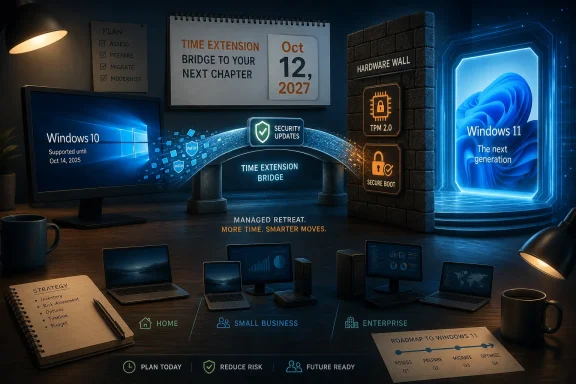 Tech office scene showing a “Time Extension Bridge to your next chapter” roadmap for Windows 10 to Windows 11. Tech office scene showing a “Time Extension Bridge to your next chapter” roadmap for Windows 10 to Windows 11.