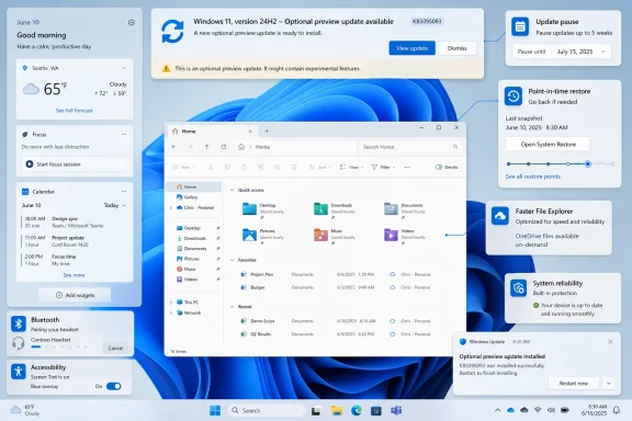 Windows 11 desktop shows update, restore, and system reliability notifications over the Home/File Explorer screen.