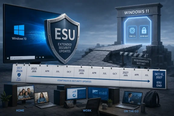 Windows 11 “continuous security updates” concept showing ESU timeline with TPM 2.0 and secure boot. Windows 11 “continuous security updates” concept showing ESU timeline with TPM 2.0 and secure boot.