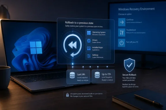 Windows Recovery Environment shows “Rollback to a previous state” with secure restore options on a laptop.