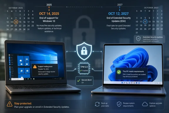 Split-screen shows Windows 10 end-of-support on Oct 14, 2025 vs Windows 11 security updates, with TPM 2.0/secure boot protection. Split-screen shows Windows 10 end-of-support on Oct 14, 2025 vs Windows 11 security updates, with TPM 2.0/secure boot protection.