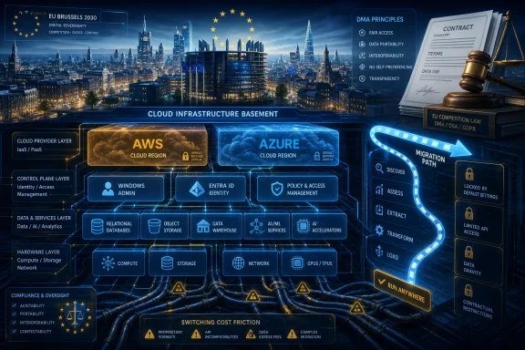 Futuristic EU cloud-infrastructure diagram showing AWS and Azure layers, compliance and DMA-style contract terms over a city skyline. Futuristic EU cloud-infrastructure diagram showing AWS and Azure layers, compliance and DMA-style contract terms over a city skyline.