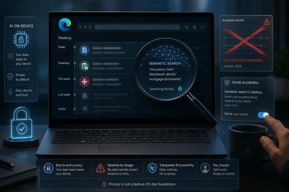 A laptop shows semantic search results with privacy controls and a “not moving forward” warning graphic.
