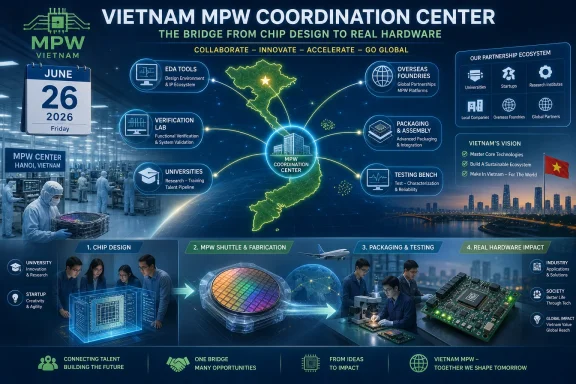 Vietnam MPW Coordination Center poster showing chip design to real hardware with maps, lab scenes, and 2026 date.