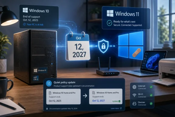 Office PC scene showing Windows 10 end-of-support vs Windows 11 secure, supported status and updated date. Office PC scene showing Windows 10 end-of-support vs Windows 11 secure, supported status and updated date.
