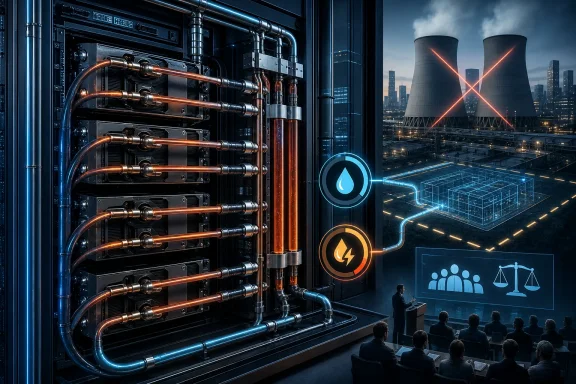 Futuristic data center with glowing copper pipes and a city skyline, monitored by engineers in a control room.