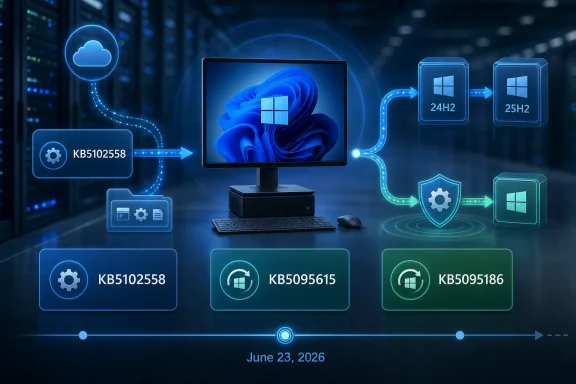 Futuristic server room with cloud and Windows update icons showing KB5102558, KB5096165 and KB5095186.