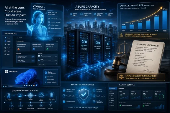 Futuristic Microsoft Azure infographic shows AI copilots, cloud capacity growth, and server infrastructure.