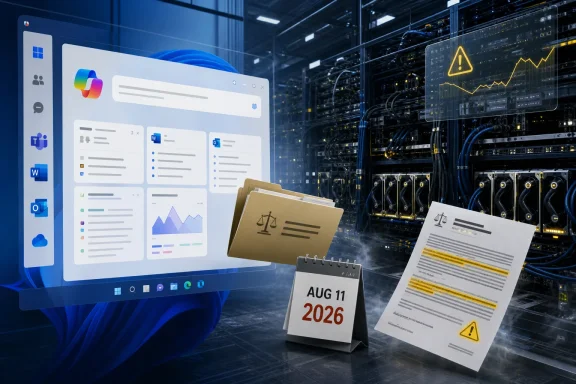 Blue digital dashboard on a monitor beside server racks and warning documents labeled Aug 11, 2026.
