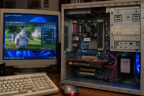 Open desktop PC case showing an installed Radeon HD 4650 GPU and SSD, with a Windows 11 video on monitor.