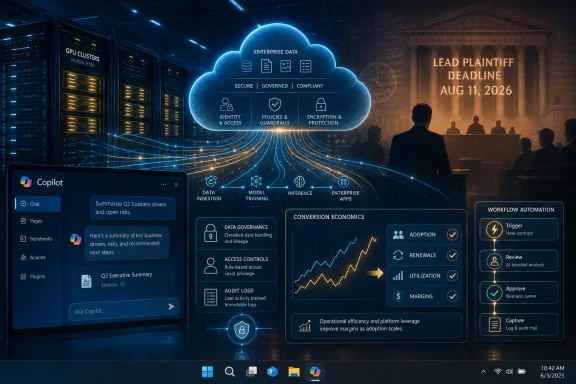 Cloud data governance dashboard with AI copilots, analytics charts, and workflow automation in a server-room setting.