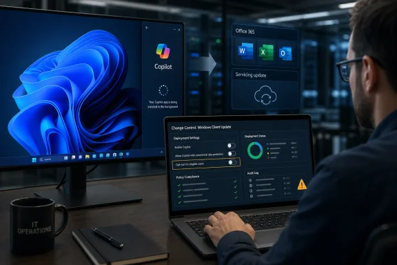 IT technician manages Office 365 Copilot and Windows update settings on a laptop in a server room.
