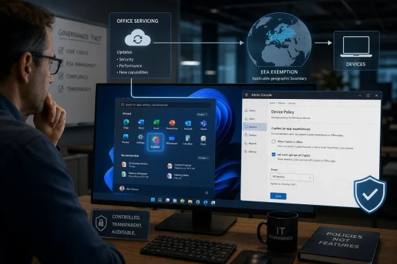 IT admin reviews Windows device policy and Copilot settings on monitors with global office servicing diagrams.